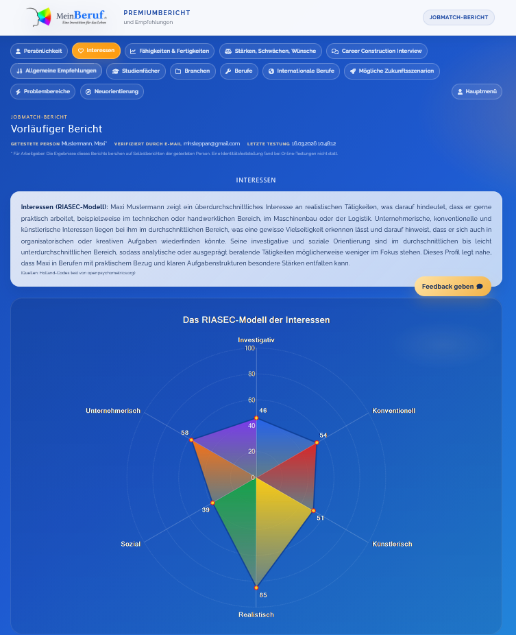 Screenshot der Interessenauswertung